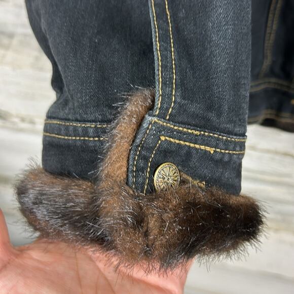 Dennis Basso Women’s XS Denim Jean Jacket Faux Brown Mink Fur Lining - Picture 4 of 10